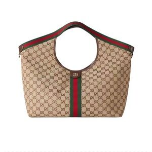 Gucci Tan Monogram Tote with Red and Green Stripe